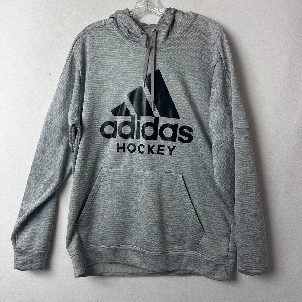 Adidas Hockey Hoodie Mens XL Gray Performance Pullover Sweatshirt Logo Heathered